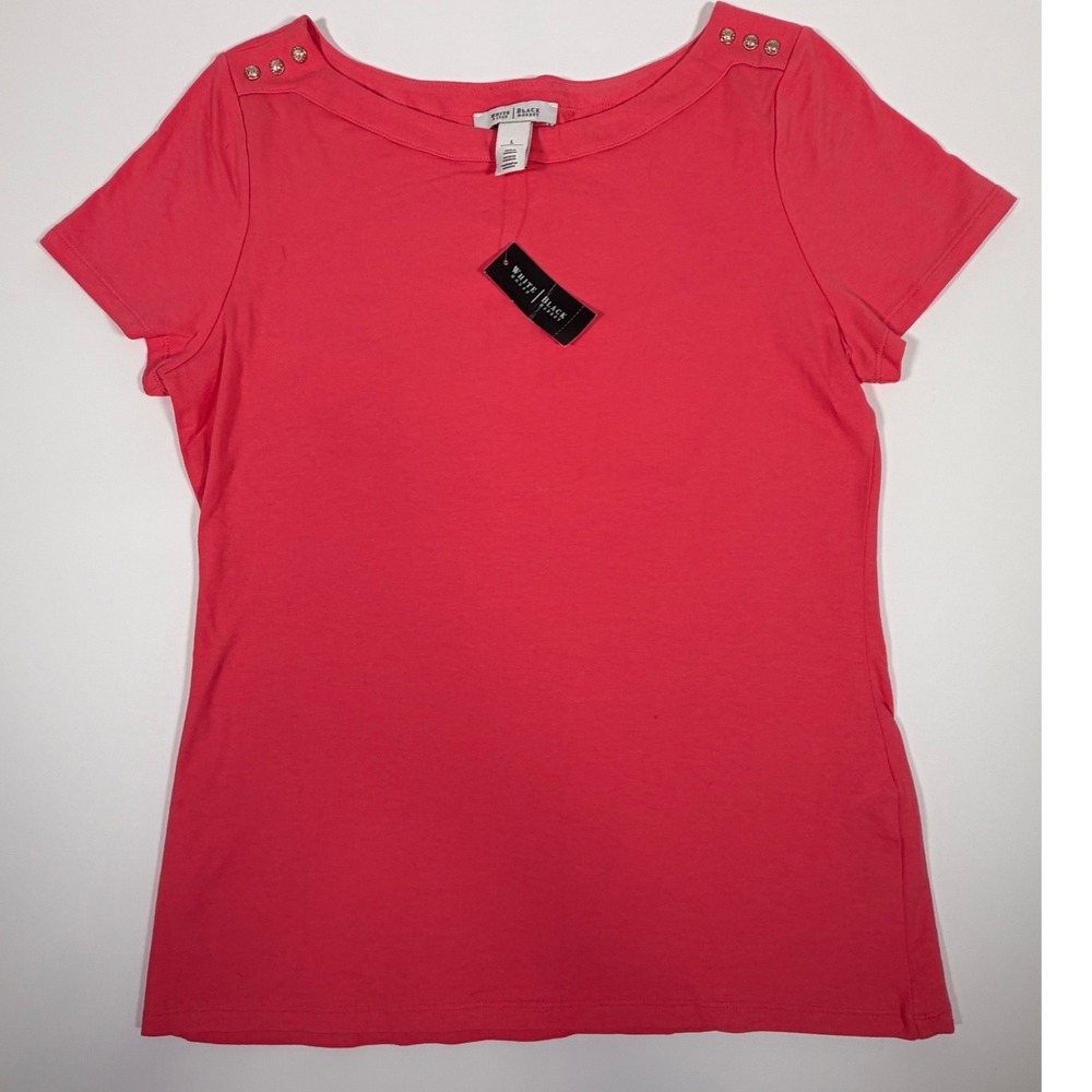 NWT White House Black Market Coral Boat Neck Tee Gold Button Shoulder Top Size L
